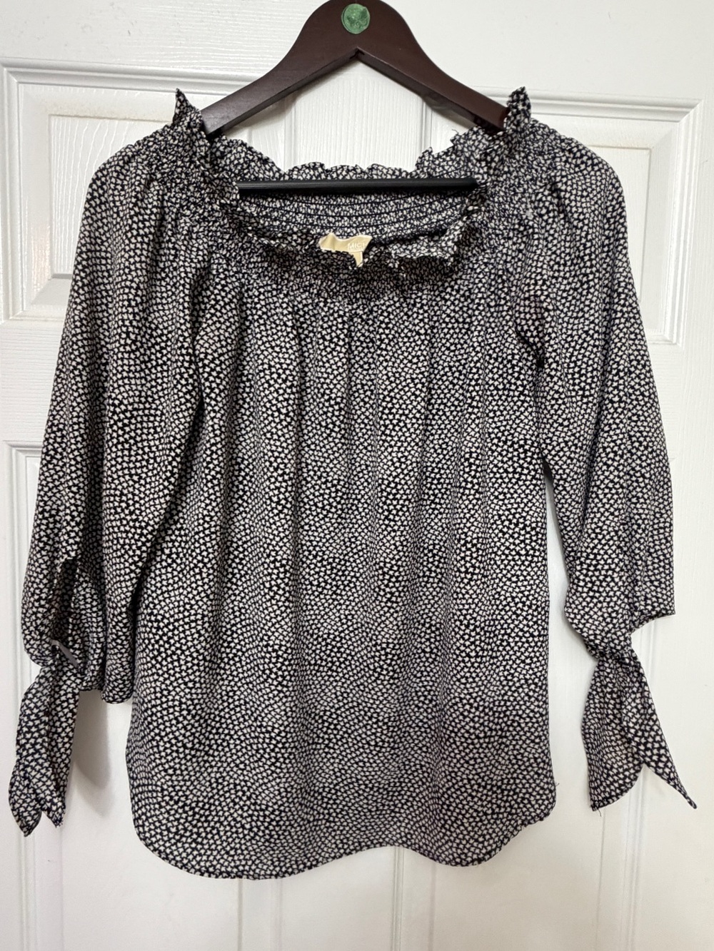 Michael Kors Black and White Printed Smocked Neck Blouse